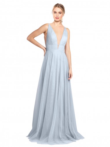Azul cielo claro línea A Tirantes espagueti Cuello en V Tul Largo Vestidos de dama de honor Al Por Mayor