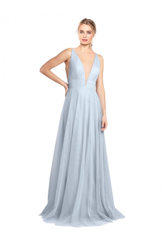 Azul cielo claro línea A Tirantes espagueti Cuello en V Tul Largo Vestidos de dama de honor Al Por Mayor