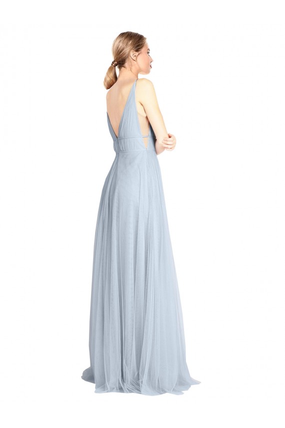 Azul cielo claro línea A Tirantes espagueti Cuello en V Tul Largo Vestidos de dama de honor Al Por Mayor