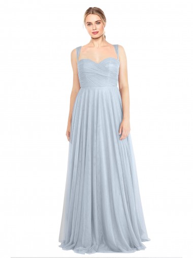 Azul cielo claro línea A Tirantes espagueti Tul Largo Vestidos de dama de honor Al Por Mayor