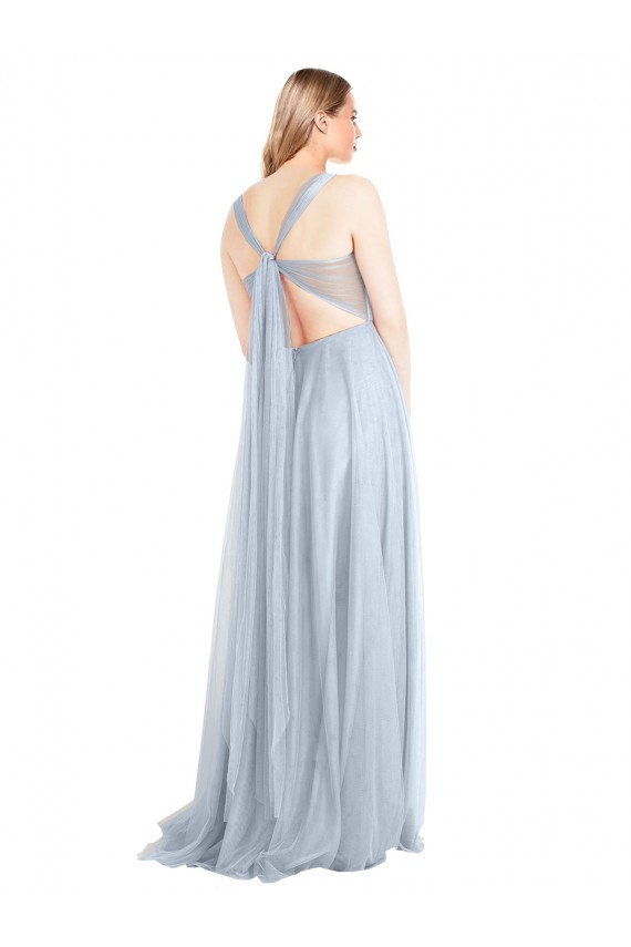 Azul cielo claro línea A Tirantes espagueti Tul Largo Vestidos de dama de honor Al Por Mayor