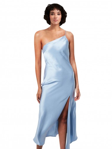 Azul cielo claro línea A Un Hombre Midi Satén sedoso Corto Formales Vestidos de dama de honor / Vestidos de fiesta / Vestidos de cóctel Al Por Mayor