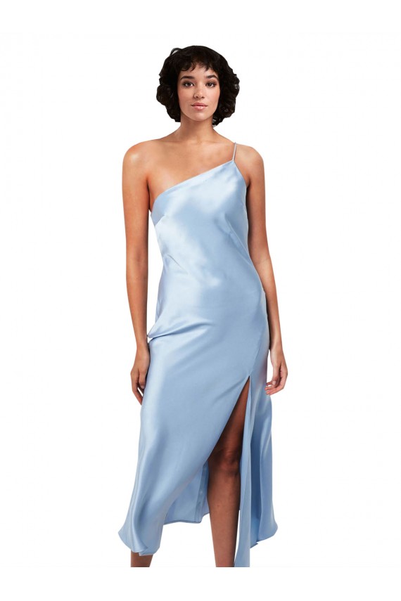 Azul cielo claro línea A Un Hombre Midi Satén sedoso Corto Formales Vestidos de dama de honor / Vestidos de fiesta / Vestidos de cóctel Al Por Mayor
