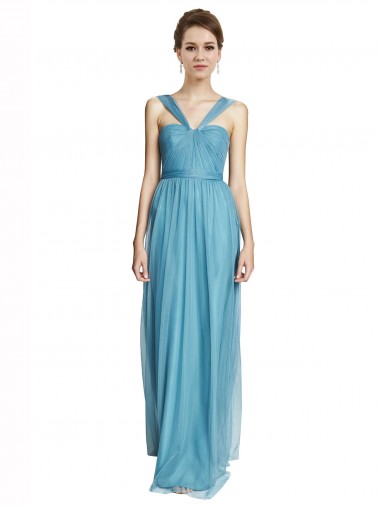 Azul cielo línea A Tirantes espagueti Halter Cuello en V Tul Largo Vestidos de dama de honor Al Por Mayor