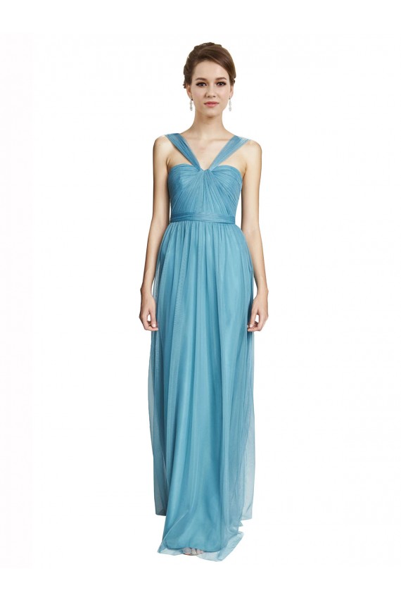 Azul cielo línea A Tirantes espagueti Halter Cuello en V Tul Largo Vestidos de dama de honor Al Por Mayor