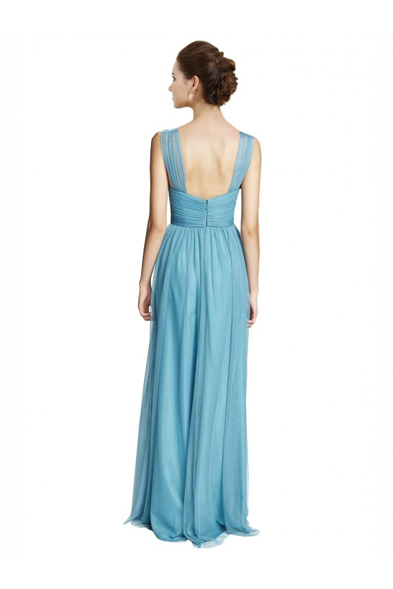 Azul cielo línea A Tirantes espagueti Halter Cuello en V Tul Largo Vestidos de dama de honor Al Por Mayor