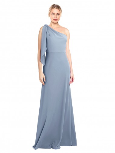 Azul humo Cubierta Un Hombre Crepé Elástico Largo Formales Vestidos de dama de honor / Vestidos de fiesta Al Por Mayor