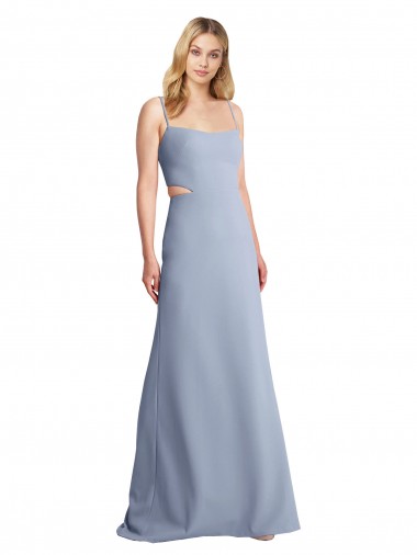 Azul humo línea A Tirantes espagueti Cucharón Crepé Elástico Largo Vestidos de dama de honor / Vestidos de fiesta Al Por Mayor