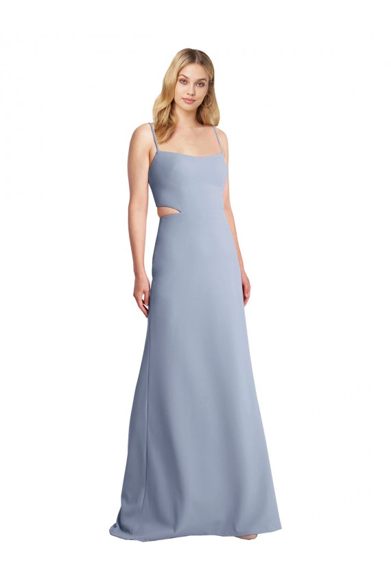 Azul humo línea A Tirantes espagueti Cucharón Crepé Elástico Largo Vestidos de dama de honor / Vestidos de fiesta Al Por Mayor