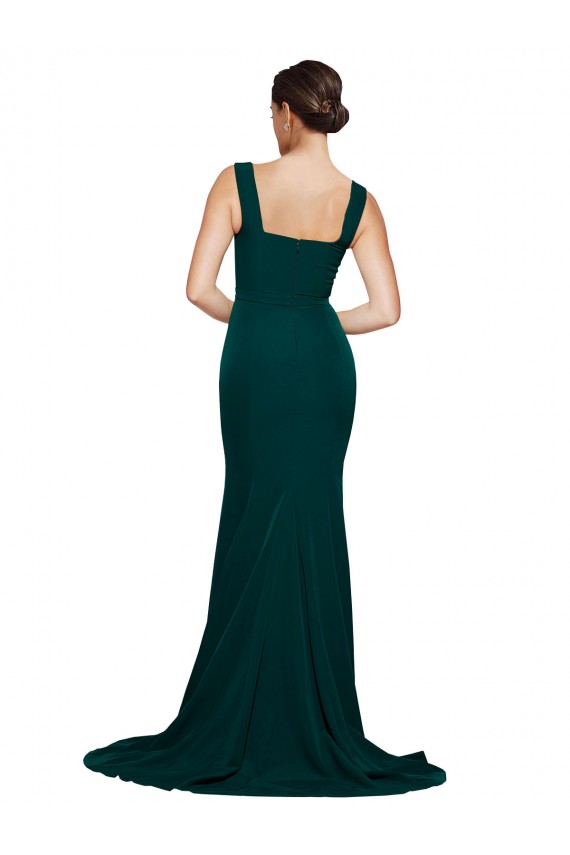 Verde Midnight Cubierta Cuadrado Barrer tren Crepé Elástico Largo Vestidos de dama de honor / Vestidos de fiesta Al Por Mayor
