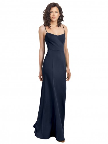Azul marina oscuro Cubierta Cuello Alto Tirantes espagueti Crepé Elástico Largo Formales Vestidos de dama de honor / Vestidos de fiesta Al Por Mayor