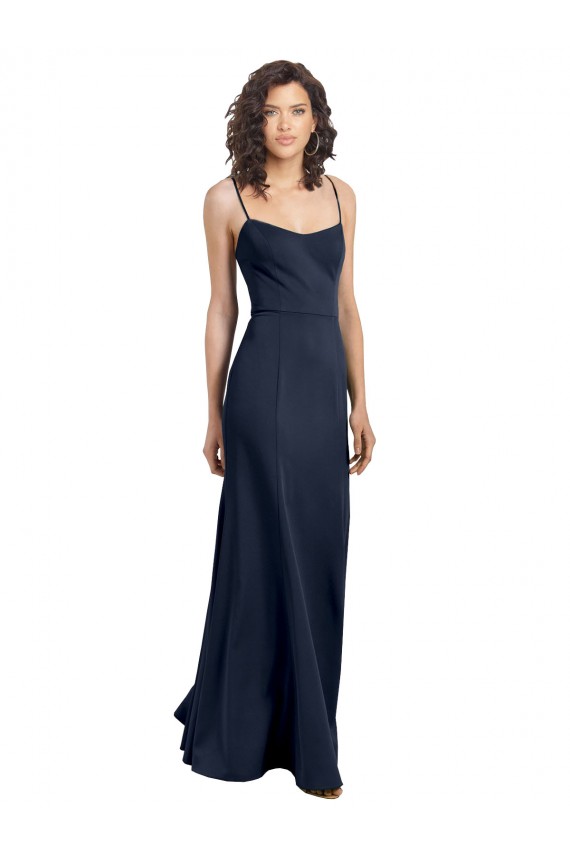 Azul marina oscuro Cubierta Cuello Alto Tirantes espagueti Crepé Elástico Largo Formales Vestidos de dama de honor / Vestidos de fiesta Al Por Mayor