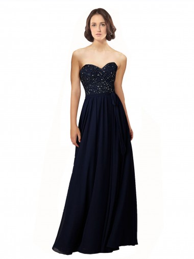 Azul marina oscuro Cubierta Cuello de Corazón Gasa Largo Vestidos de dama de honor Al Por Mayor