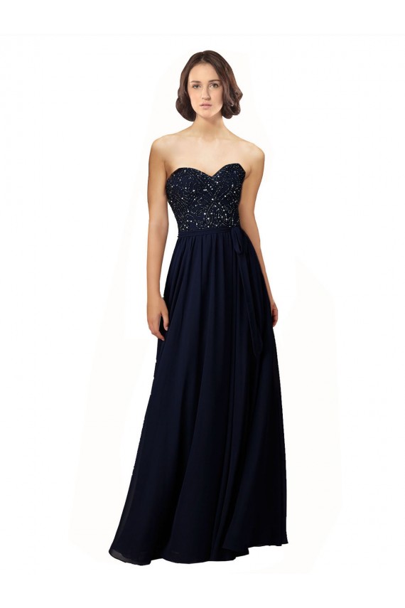 Azul marina oscuro Cubierta Cuello de Corazón Gasa Largo Vestidos de dama de honor Al Por Mayor
