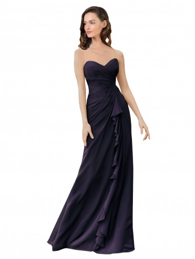 Azul marina oscuro Cubierta Cuello de Corazón Gasa Largo Vestidos de dama de honor Al Por Mayor