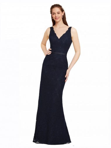 Azul marina oscuro Cubierta Cuello en V Encaje Largo Vestidos de dama de honor Al Por Mayor