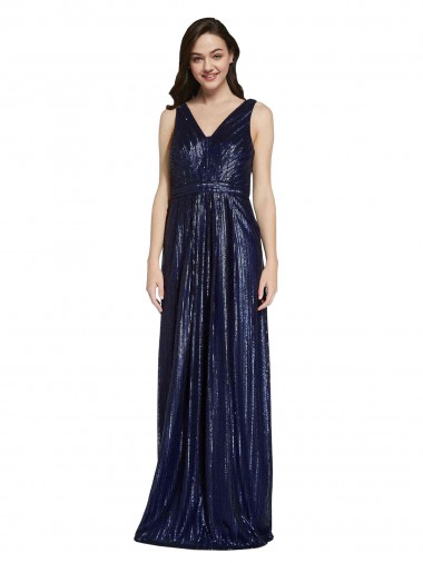Azul marina oscuro Cubierta Cuello en V Lentejuela Largo Formales Vestidos de dama de honor / Vestidos de fiesta Al Por Mayor