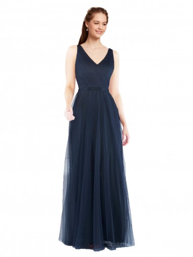 Azul marina oscuro Cubierta Cuello en V Tul Largo Vestidos de dama de honor Al Por Mayor