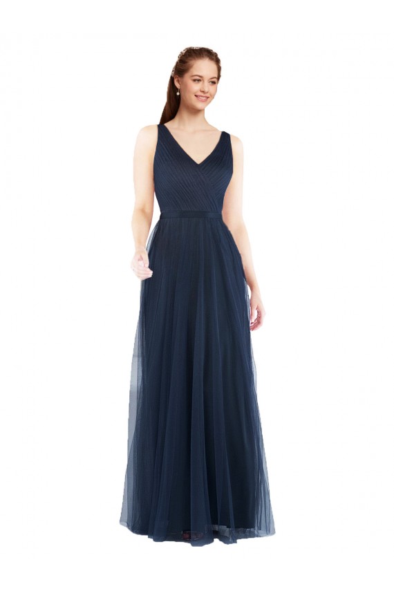Azul marina oscuro Cubierta Cuello en V Tul Largo Vestidos de dama de honor Al Por Mayor