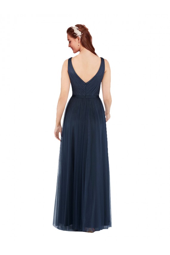 Azul marina oscuro Cubierta Cuello en V Tul Largo Vestidos de dama de honor Al Por Mayor