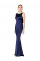 Azul marina oscuro Cubierta Halter Cuello Alto Satén elástico Largo Formales Vestidos de dama de honor / Vestidos de fiesta Al Por Mayor