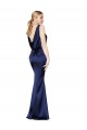 Azul marina oscuro Cubierta Halter Cuello Alto Satén elástico Largo Formales Vestidos de dama de honor / Vestidos de fiesta Al Por Mayor