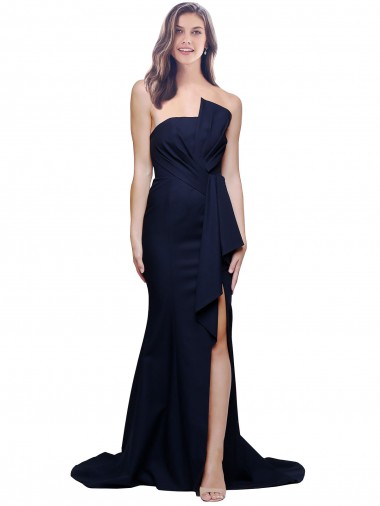 Azul marina oscuro Cubierta Sin tirantes Barrer tren Crepé Elástico Largo Vestidos de dama de honor / Vestidos de fiesta Al Por Mayor