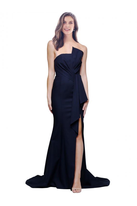 Azul marina oscuro Cubierta Sin tirantes Barrer tren Crepé Elástico Largo Vestidos de dama de honor / Vestidos de fiesta Al Por Mayor