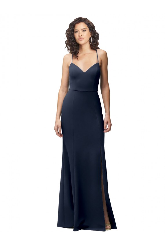 Azul marina oscuro Cubierta Tirantes espagueti Crepé Elástico Largo Formales Vestidos de dama de honor / Vestidos de fiesta Al Por Mayor