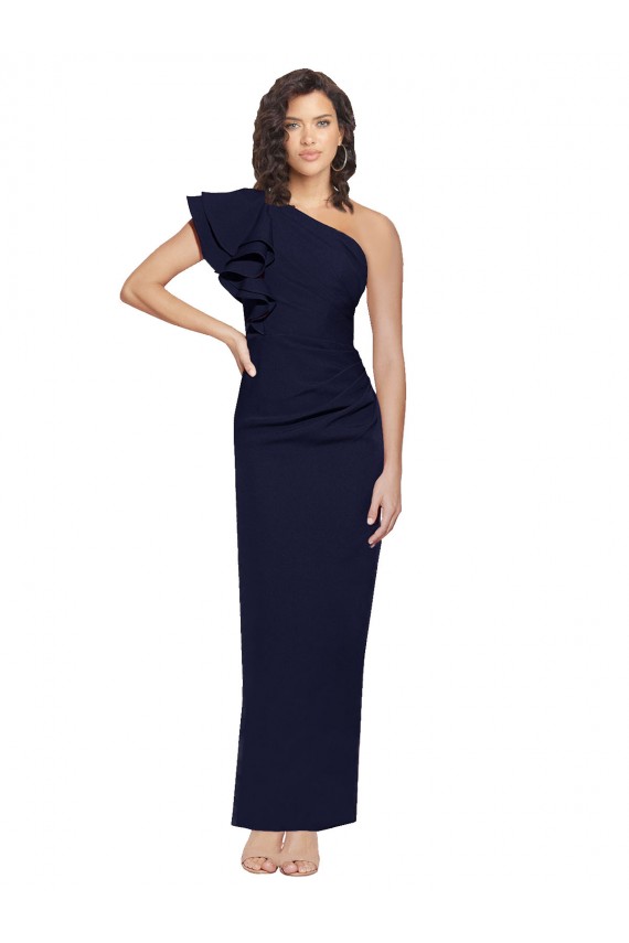 Azul marina oscuro Cubierta Un Hombre Crepé Elástico Largo Formales Vestidos de dama de honor / Vestidos de fiesta Al Por Mayor