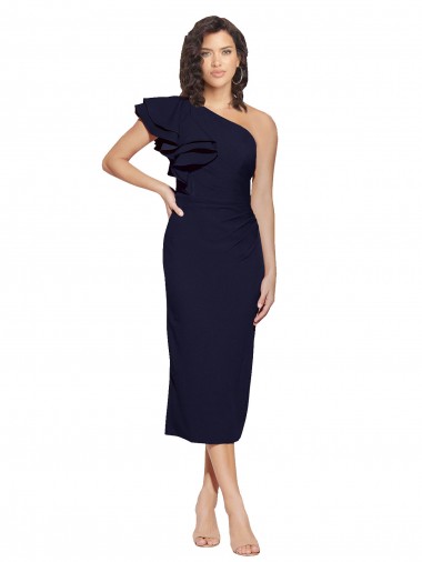 Azul marina oscuro Cubierta Un Hombre Midi Crepé Elástico Corto Formales Vestidos de dama de honor / Vestidos de fiesta / Vestidos de cóctel Al Por Mayor