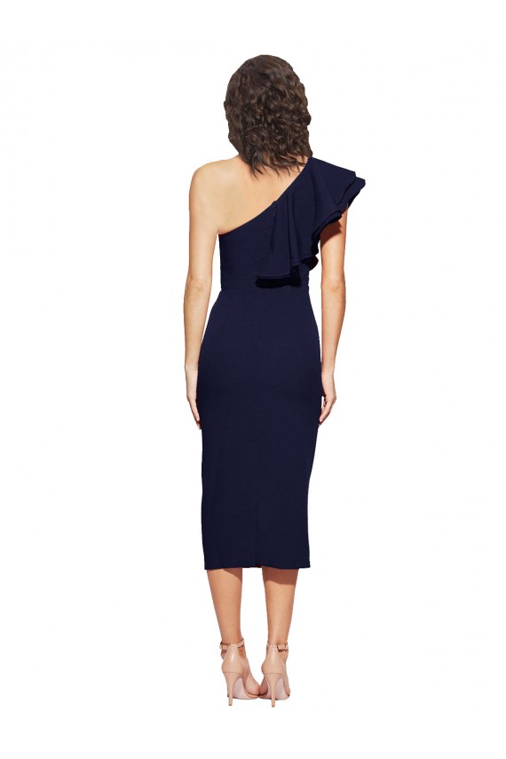 Azul marina oscuro Cubierta Un Hombre Midi Crepé Elástico Corto Formales Vestidos de dama de honor / Vestidos de fiesta / Vestidos de cóctel Al Por Mayor