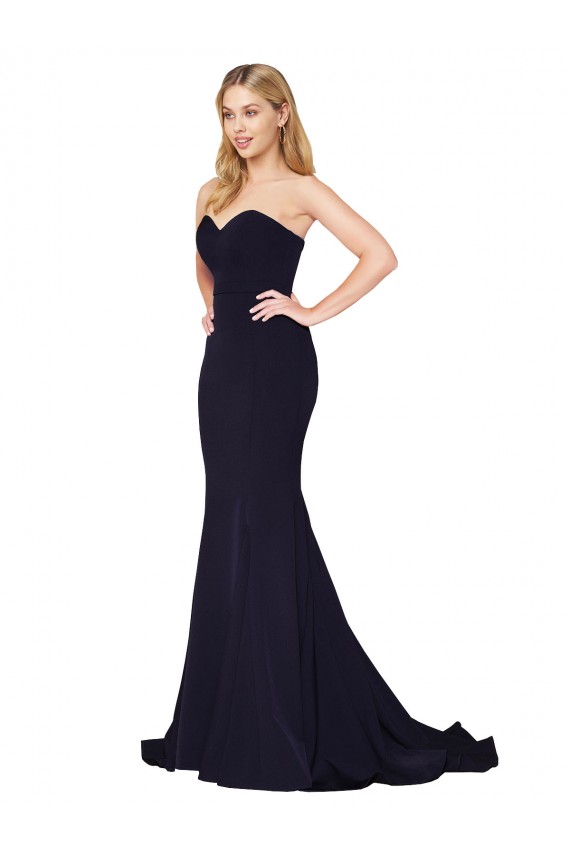 Azul marina oscuro Sirena Cuello Alto Barrer tren Crepé Elástico Largo Formales Vestidos de dama de honor / Vestidos de fiesta Al Por Mayor