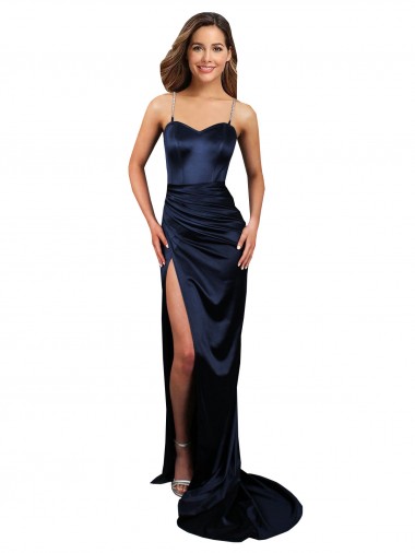 Azul marina oscuro Sirena Cuello de Corazón Satén elástico Largo Formales Vestidos de dama de honor / Vestidos de fiesta Al Por Mayor