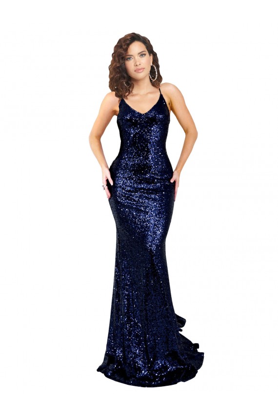 Azul marina oscuro Sirena Cuello en V Lentejuela Largo Formales Vestidos de dama de honor / Vestidos de fiesta Al Por Mayor