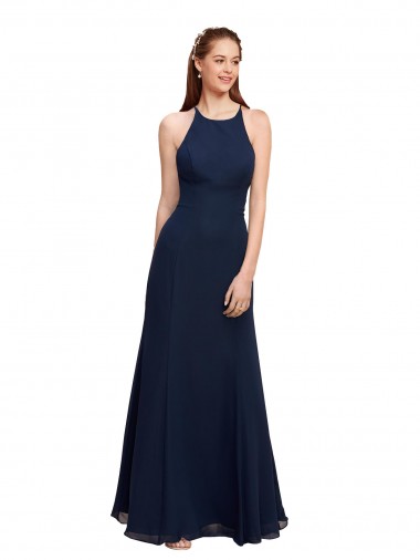 Azul marina oscuro Sirena Halter Cuello Alto Gasa Largo Vestidos de dama de honor / Vestidos de fiesta Al Por Mayor