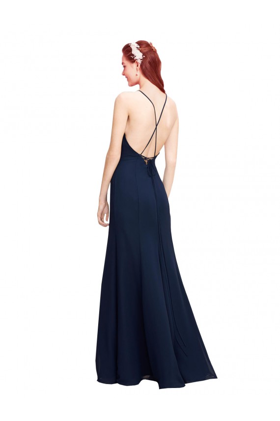 Azul marina oscuro Sirena Halter Cuello Alto Gasa Largo Vestidos de dama de honor / Vestidos de fiesta Al Por Mayor