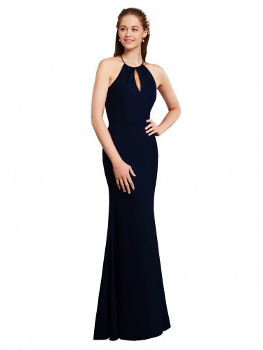 Azul marina oscuro Sirena Halter Gasa Largo Vestidos de dama de honor Al Por Mayor
