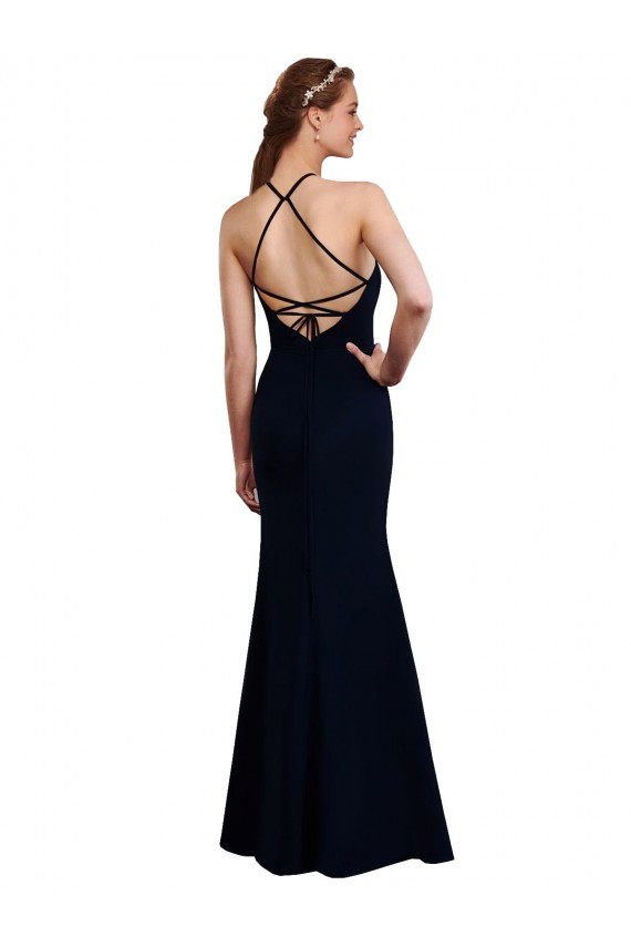 Azul marina oscuro Sirena Halter Gasa Largo Vestidos de dama de honor Al Por Mayor