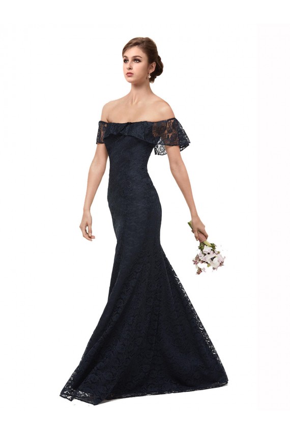 Azul marina oscuro Sirena Hombros Descubiertos Encaje Largo Vestidos de dama de honor / Vestidos de fiesta Al Por Mayor