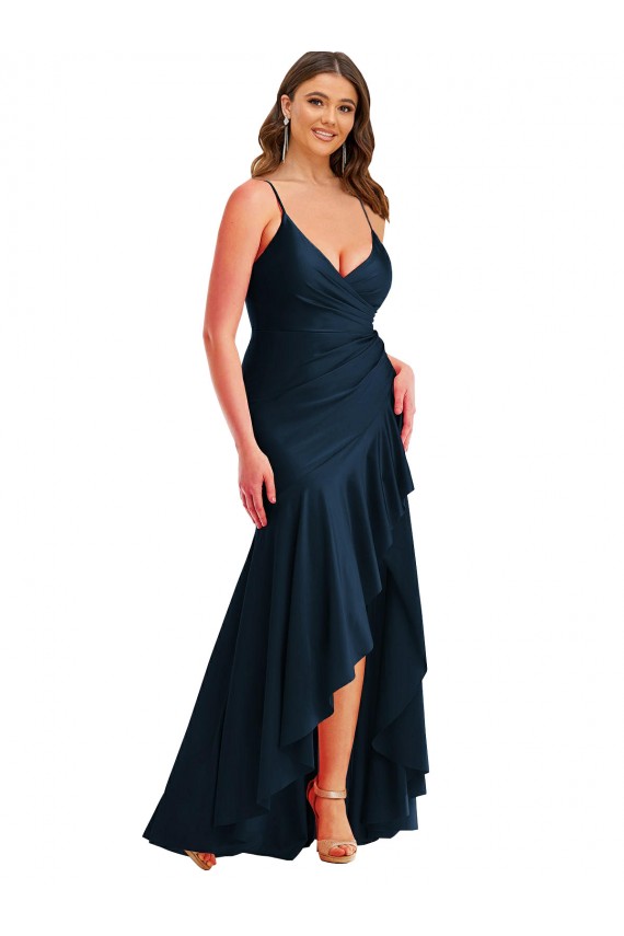 Azul marina oscuro Sirena Tirantes espagueti Satén sedoso Largo Asimétrico Formales Vestidos de dama de honor / Vestidos de fiesta Al Por Mayor