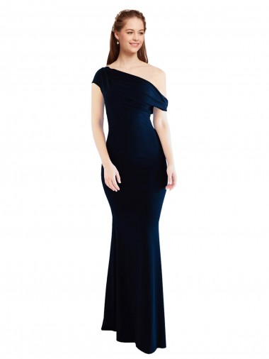 Azul marina oscuro Sirena Un Hombre Crepé Elástico Largo Formales Vestidos de dama de honor / Vestidos de fiesta Al Por Mayor