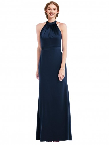 Azul marina oscuro Trompeta Cuello Alto Crepé Elástico Largo Vestidos de dama de honor / Vestidos de fiesta Al Por Mayor