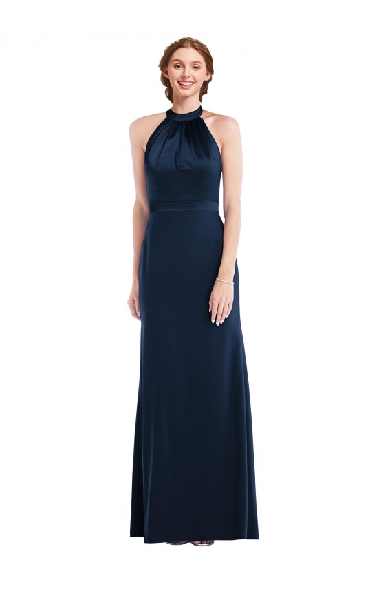 Azul marina oscuro Trompeta Cuello Alto Crepé Elástico Largo Vestidos de dama de honor / Vestidos de fiesta Al Por Mayor