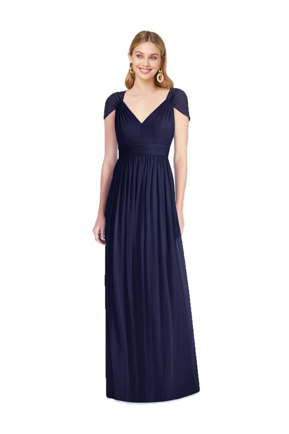 Azul marina oscuro Trompeta Cuello en V Gasa Largo Vestidos de dama de honor Al Por Mayor