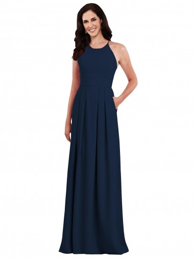 Azul marina oscuro Trompeta Halter Crepé Elástico Largo Vestidos de dama de honor Al Por Mayor
