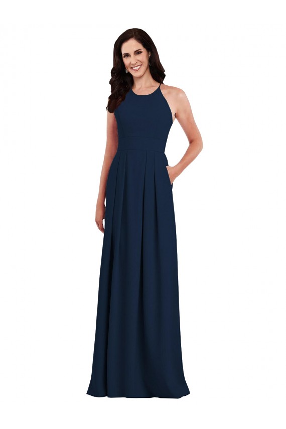 Azul marina oscuro Trompeta Halter Crepé Elástico Largo Vestidos de dama de honor Al Por Mayor