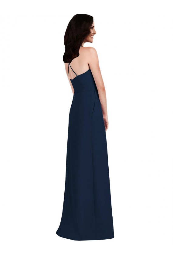 Azul marina oscuro Trompeta Halter Crepé Elástico Largo Vestidos de dama de honor Al Por Mayor