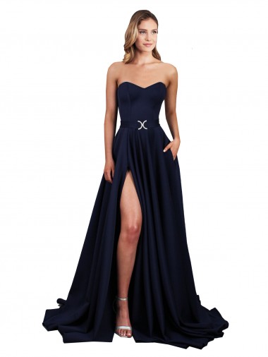 Azul marina oscuro línea A Cuello Alto Crepé Elástico Largo Formales Vestidos de dama de honor / Vestidos de fiesta Al Por Mayor