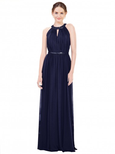 Azul marina oscuro línea A Cuello Alto Gasa Largo Vestidos de dama de honor Al Por Mayor